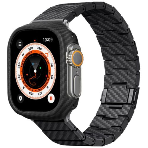 Apple Watch 1-6, SE (42 / 44 mm) / Watch 7-8 (45 mm) / Watch Ultra (49 mm), Fém pótszíj, mágneses zár, karbon minta, Pitaka Carbon Fiber Watch Band Modern, fekete