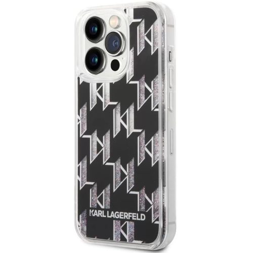 Apple iPhone 14 Pro, Műanyag hátlap védőtok, Monogram minta, Karl Lagerfeld Monogram Liquid Glitter, fekete