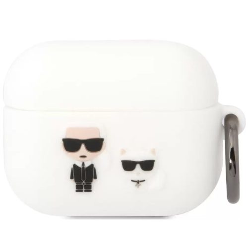 Bluetooth fülhallgató töltőtok tartó, szilikon, karabiner, napszemüveges lány és cica minta, Apple AirPods Pro kompatibilis, Karl Lagerfeld Choupette, fehér