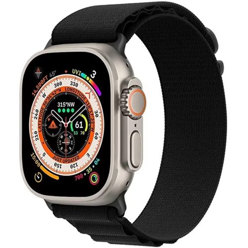 Apple Watch 4-6, SE, SE (2022) (42 / 44 mm) / Watch 7-9 (45 mm) / Watch Ultra 1-2 (49 mm), textíl pótszíj, nylon, állítható, hullámos kialakítású akasztórész, Xprotector, fekete