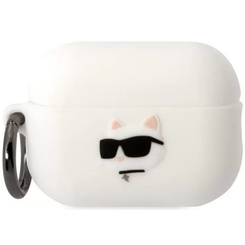 Bluetooth fülhallgató töltőtok tartó, szilikon, karabiner, napszemüveges cica minta, Apple AirPods Pro 2 kompatibilis, Karl Lagerfeld 3D Logo NFT Choupette Head, fehér