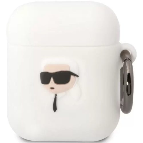 Bluetooth fülhallgató töltőtok tartó, szilikon, karabiner, napszemüveges lány minta, Apple AirPods, AirPods 2 kompatibilis, Karl Lagerfeld 3D Logo NFT Choupette Head, fehér