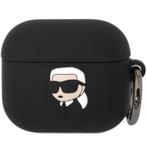 Bluetooth fülhallgató töltőtok tartó, szilikon, karabiner, napszemüveges lány minta, Apple AirPods 3 kompatibilis, Karl Lagerfeld 3D Logo NFT Choupette Head, fekete