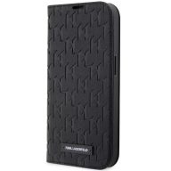   Apple iPhone 14 Pro, Oldalra nyíló tok, stand, kártyatartóval, 3D monogram minta, Karl Lagerfeld Saffiano Monogram Book, fekete