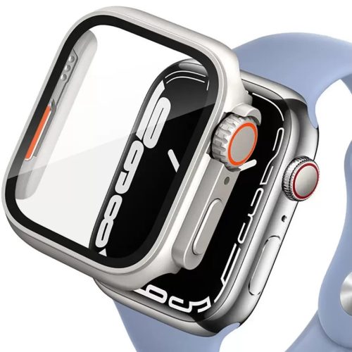 Apple Watch 7-9 (45mm), Műanyag védőkeret, kijelzővédő üveggel, szíj nélkül, TP Defense360, titán/narancs