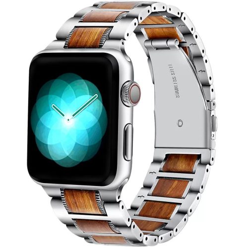 Apple Watch 4-6, SE, SE (2022) (42 / 44 mm) / Watch 7-9 (45 mm) / Watch Ultra 1-2 (49 mm), fém pótszíj, rozsdamentes acél, fa berakással, Xprotector, ezüst/barna