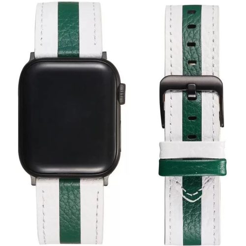 Apple Watch 4-6, SE, SE (2022) (38 / 40 mm) / Watch 7-9 (41 mm), bőr pótszíj, állítható, zöld csíkkal, Xprotector, fehér