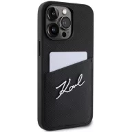   Apple iPhone 13 Pro, Műanyag hátlap védőtok + szilikon keret, bőrhatású hátlap, kártyatartóval, Karl Lagerfeld Saffiano Metal Signature Cardslot, fekete