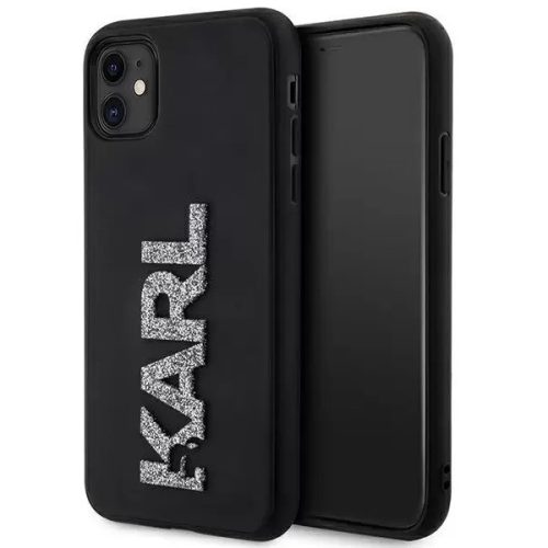 Apple iPhone 11, Műanyag hátlap védőtok + szilikon keret, 3D csillogó, Karl minta, Karl Lagerfeld 3D Rubber Glitter Logo, fekete