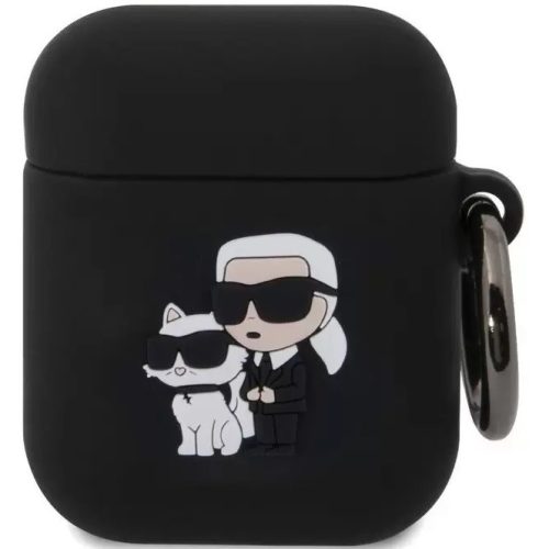 Bluetooth fülhallgató töltőtok tartó, szilikon, karabiner, napszemüveges lány és cica minta, Apple AirPods, AirPods 2 kompatibilis, Karl Lagerfeld 3D Logo NFT Choupette, fekete
