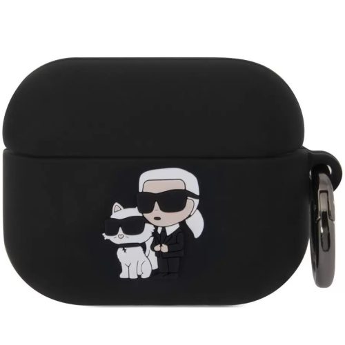 Bluetooth fülhallgató töltőtok tartó, szilikon, karabiner, napszemüveges lány és cica minta, Apple AirPods Pro kompatibilis, Karl Lagerfeld 3D Logo NFT Choupette, fekete