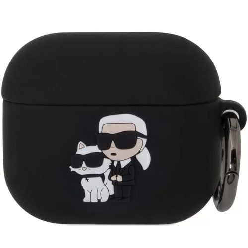 Bluetooth fülhallgató töltőtok tartó, szilikon, karabiner, napszemüveges lány és cica minta, Apple AirPods 3 kompatibilis, Karl Lagerfeld 3D Logo NFT Choupette, fekete