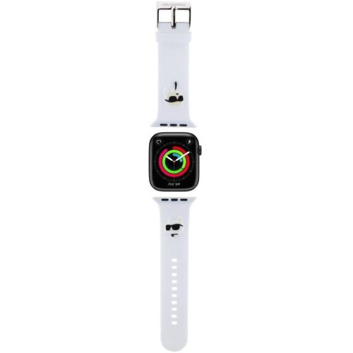 Apple Watch 4-6, SE, SE (2022) (42 / 44 mm) / Watch 7-9 (45 mm) / Watch Ultra 1-2 (49 mm), szilikon pótszíj, állítható, napszemüveges lány és cica minta, Karl Lagerfeld 3D Choupette Head, fehér