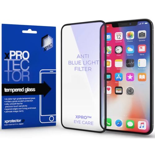 Apple iPhone 15 Plus / 16 Plus, Kijelzővédő, ütésálló fólia (az íves részre is!), Tempered Glass (edzett üveg), kékfény elleni védelem. Xprotector Anti Blue Light, fekete