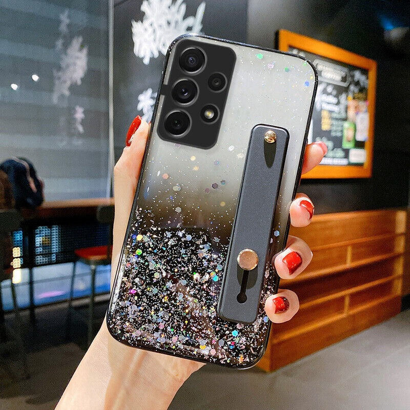 Xiaomi Redmi 9, Szilikon tok, közepesen ütésálló, kézpánttal, színátmenetes, csillogó minta, Wooze Strap Star, mintás/fekete termék 2. képe