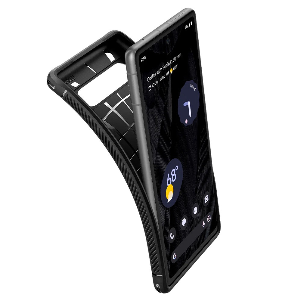 Google Pixel 7a, Szilikon tok, Spigen Rugged Armor, karbon minta, fekete termék 2. képe