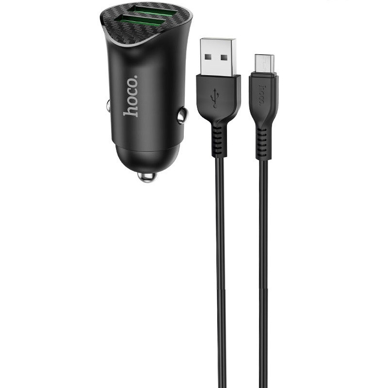 Autós töltő, Szivargyújtós töltő, 18W, 2 x USB aljzat, microUSB kábellel, gyorstöltés, QC 3.0, Hoco Z39 Farsighted, fekete termék 2. képe