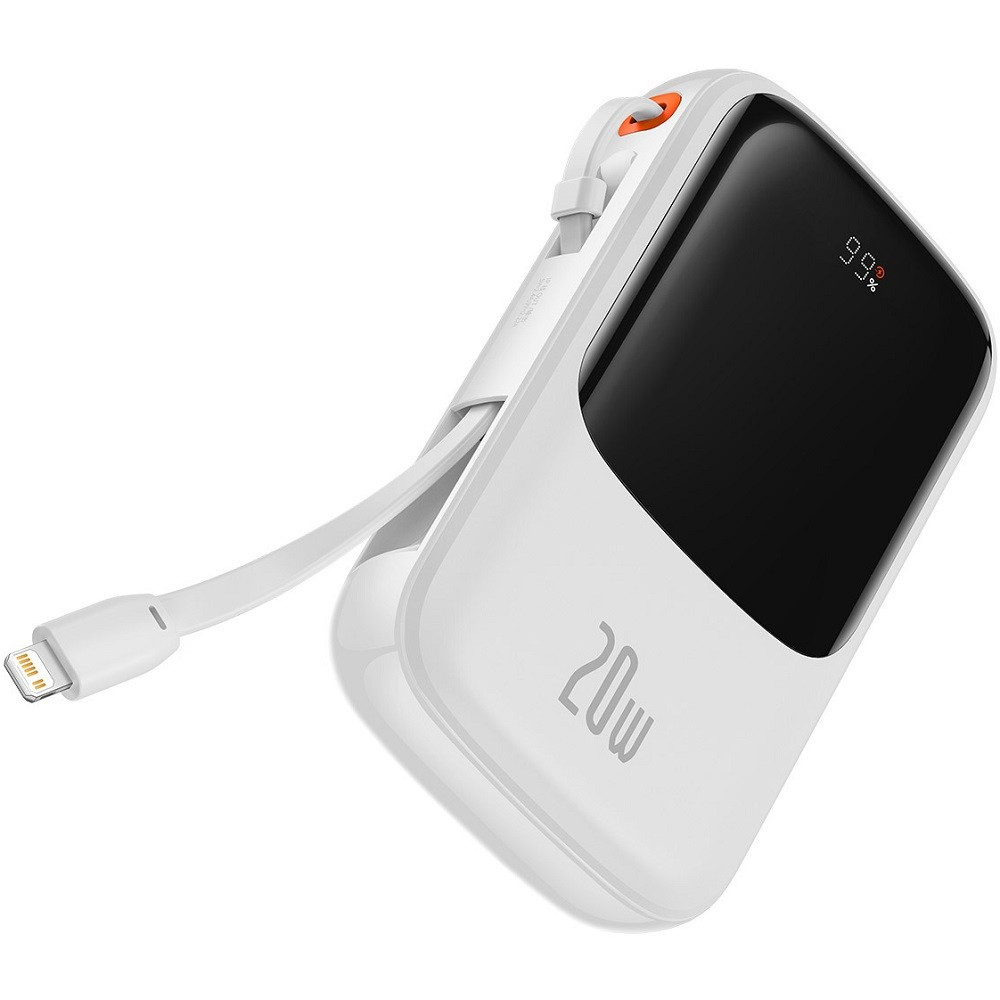 Külső akkumulátor, 20000 mAh, 20W, Okostelefonhoz és TabletPC-hez, USB aljzat, USB Type-C aljzat, beépített Lightning kábellel, LED kijelzővel, gyorstöltés, Baseus QPOW, PPQD-H02, fehér termék 2. képe