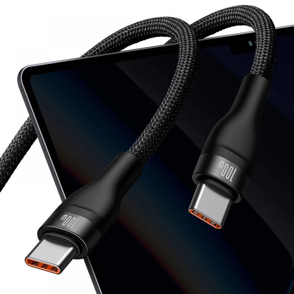USB Type-C töltő- és adatkábel 2in1, 2 x USB Type-C, 150 cm, 5000mAh, 100W, törésgátló, gyorstöltés, PD, QC, cipőfűző minta, Baseus Flash Series 2, CASS060001, fekete termék 2. képe