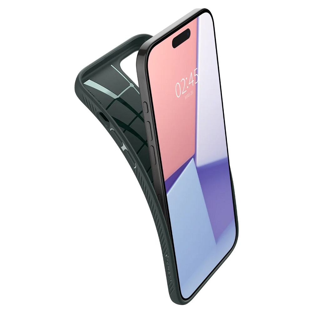 Apple iPhone 15 Pro, Szilikon tok, Spigen Liquid Air, háromszög minta, sötétzöld termék 2. képe
