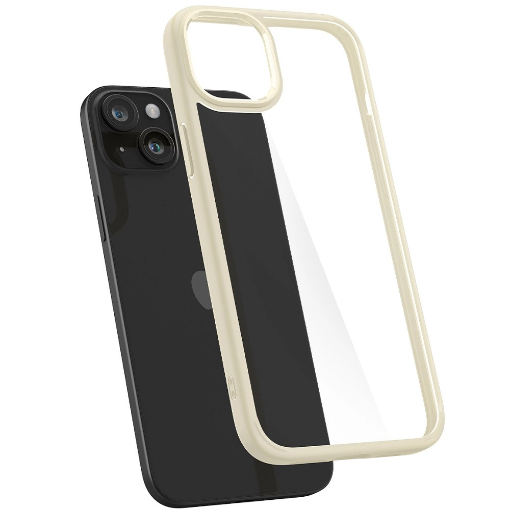 Apple iPhone 15 Plus, Szilikon tok + műanyag keret, közepesen ütésálló, Spigen Crystal Hybrid, átlátszó/homok-beige termék 2. képe