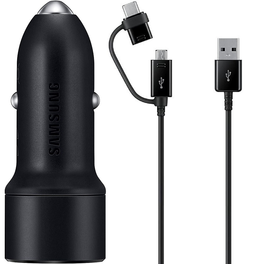 Autós töltő, Szivargyújtós töltő, 15W, 2 x USB aljzat, 2in1 kábellel microUSB / USB Type-C, gyorstöltés, LED-es, Samsung, fekete, gyári termék 2. képe