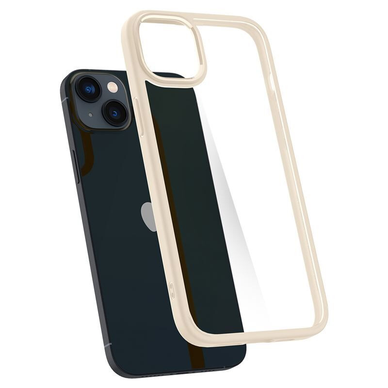 Apple iPhone 14 Plus, Szilikon tok + műanyag keret, közepesen ütésálló, Spigen Crystal Hybrid, átlátszó/homok-beige termék 2. képe
