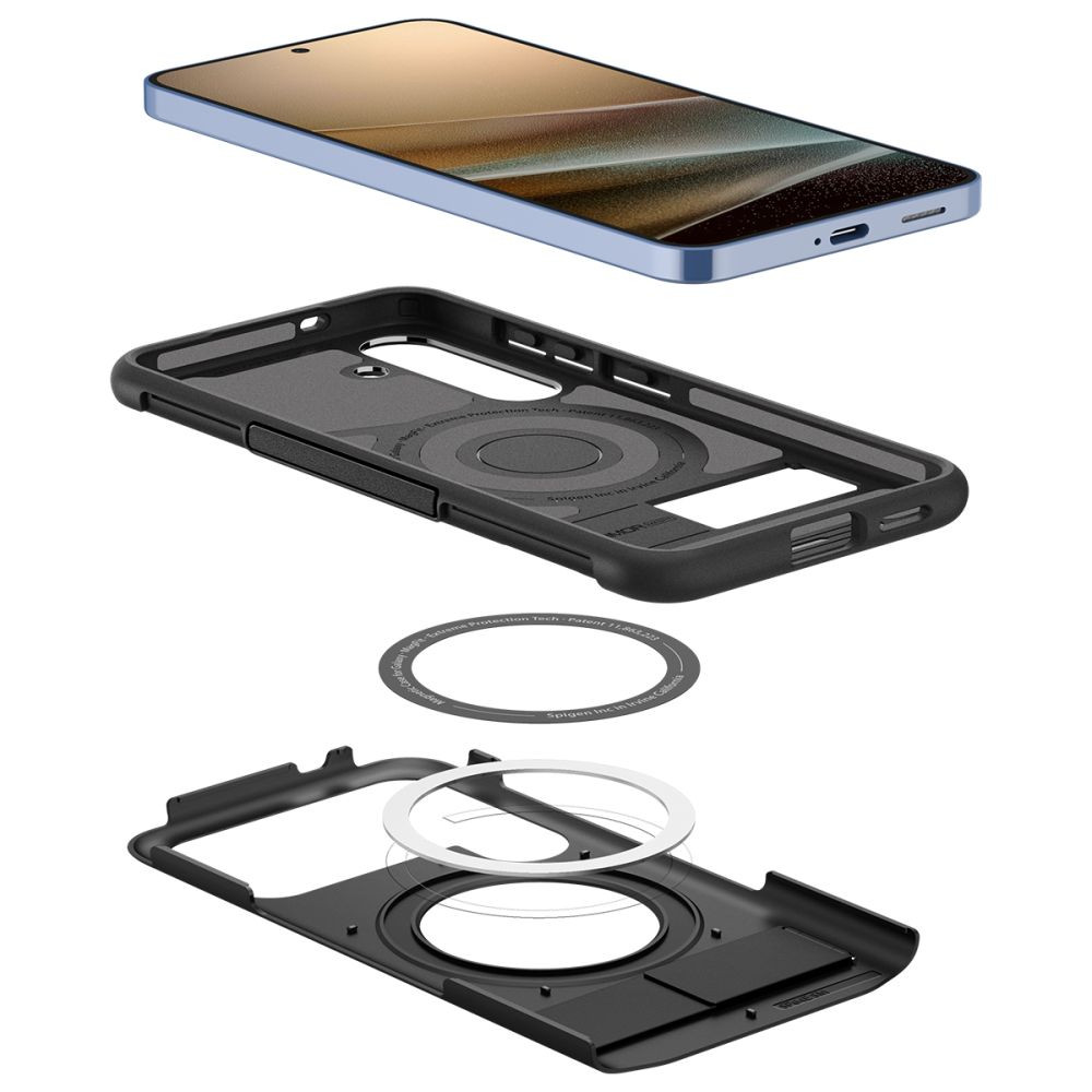 Samsung Galaxy S25 SM-S931, Szilikon tok, műanyag hátlappal, kitámasztóval, Magsafe töltővel kompatibilis, Spigen Slim Armor Mag, fekete termék 2. képe