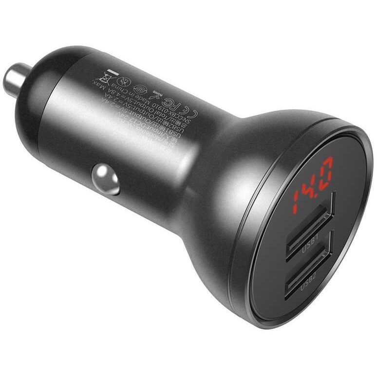 Autós töltő, Szivargyújtós töltő, 24W, 2 x USB aljzat, gyorstöltés, LED kijelzővel, Baseus CCBX-0G, szürke termék 2. képe