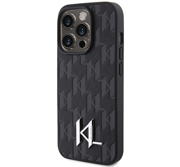 Karl Lagerfeld Leather Monogram Hot Stamp Metal Apple iPhone 15 Pro Max hátlap tok, fekete termék 2. képe