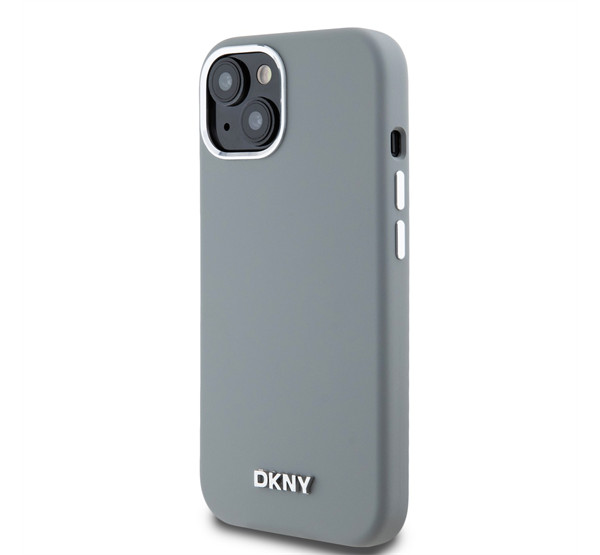 DKNY Liquid Silicone Silver Metal Logo Magsafe iPhone 15 hátlap tok, szürke termék 2. képe