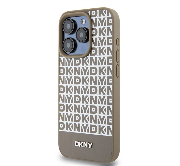 DKNY PU Leather Repeat Pattern Bottom Stripe Apple iPhone 15 Pro Max Magsafe kompatibilis hátlap tok, barna termék 2. képe