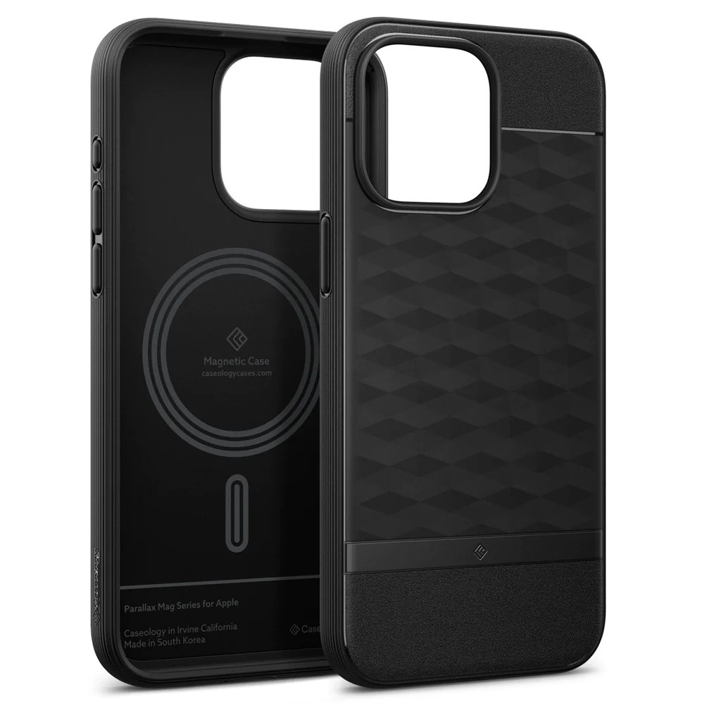 Apple iPhone 15 Pro, Szilikon tok + műanyag keret, közepesen ütésálló, Magsafe töltővel kompatibilis, 3D hatszög minta, Spigen Caseology Parallax Mag, fekete termék 2. képe