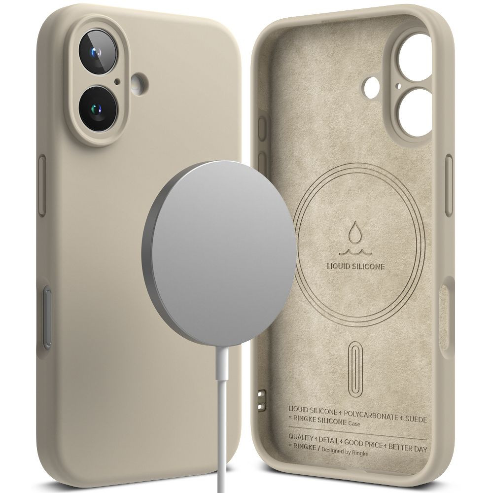 Apple iPhone 16, Szilikon tok, mikrofiber belső, közepesen ütésálló, Magsafe kompatibilis, Ringke Silicone Magnetic, tört-fehér termék 2. képe