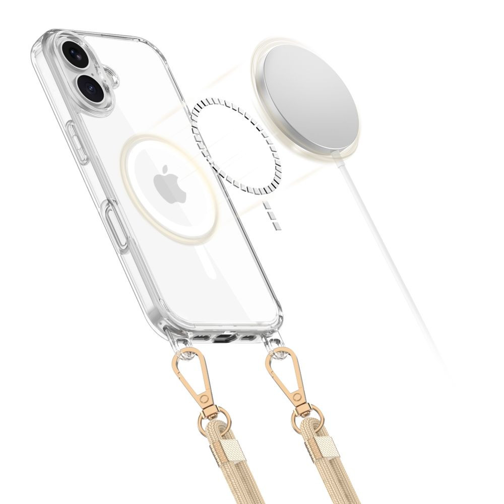 Apple iPhone 16, Szilikon védőkeret + műanyag hátlap, nyakbaakasztó, Magsafe töltővel kompatibilis, FlexAir Chain Magsafe, átlátszó (fekete, beige) termék 2. képe