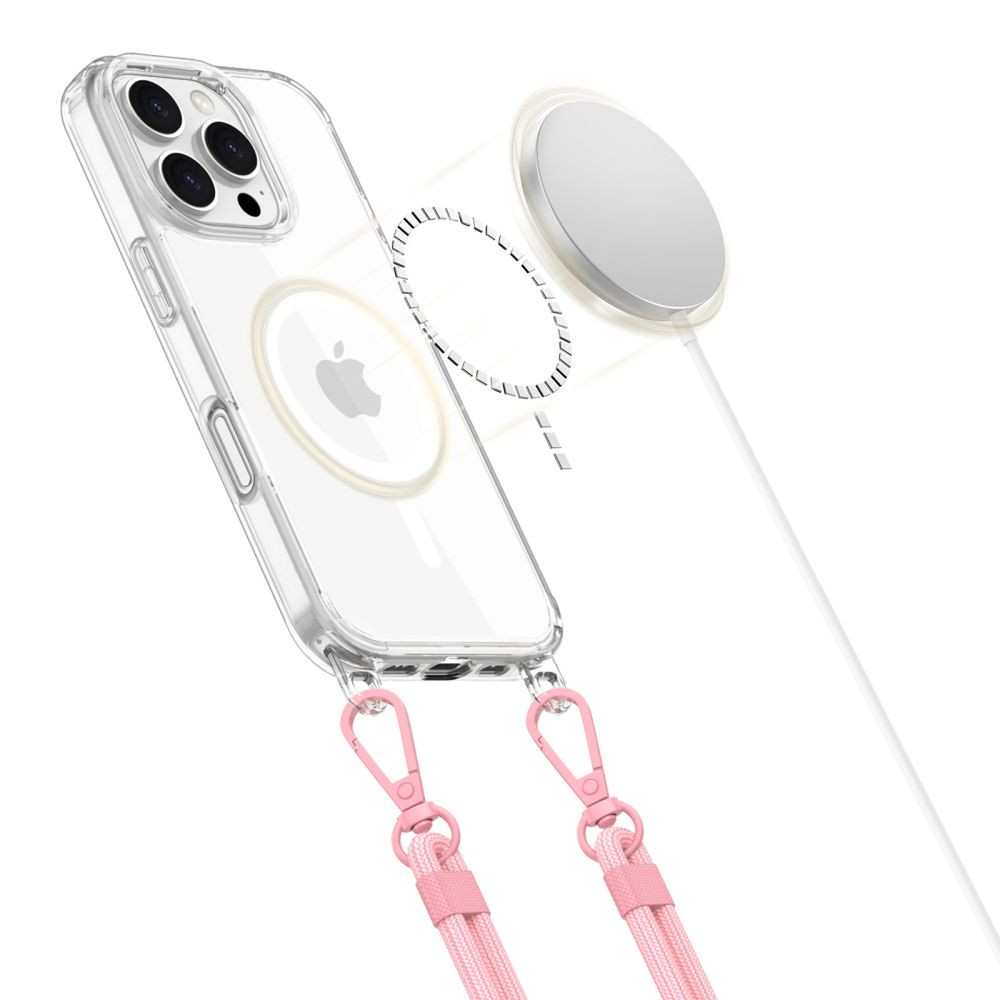 Apple iPhone 16 Pro, Szilikon védőkeret + műanyag hátlap, nyakbaakasztó, Magsafe töltővel kompatibilis, FlexAir Chain Magsafe, átlátszó (szürke, rózsaszín) termék 2. képe