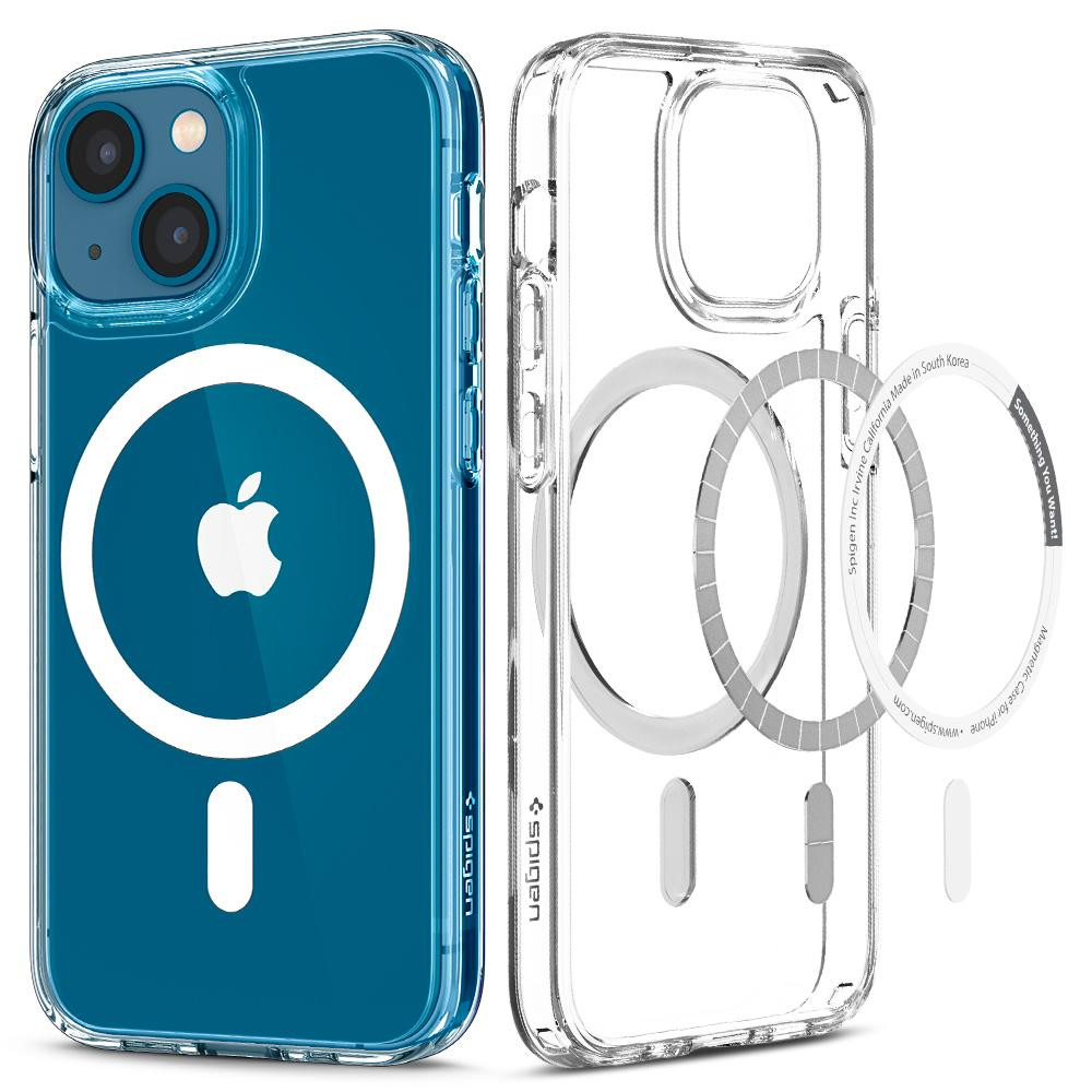 Apple iPhone 13 Mini, Műanyag hátlap védőtok + szilikon keret, Magsafe töltővel kompatibilis, Spigen Ultra Hybrid Mag, átlátszó/fehér akciós termékkép 1