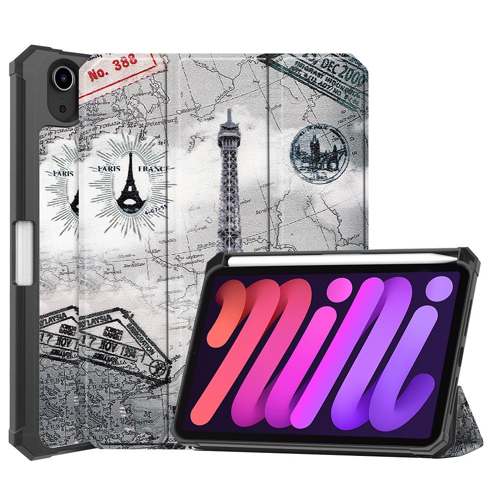 Apple iPad Mini (2021) (8.3), mappa tok, Apple Pencil tartóval, Eiffel torony, térkép minta, Smart Case, Wooze New Style Trifold Case, szürke akciós termékkép 1