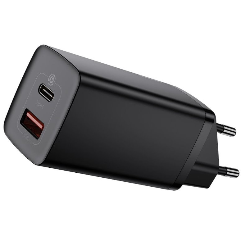 Hálózati töltő adapter, 65W, USB aljzat, USB Type-C aljzat, USB Type-C kábellel, gyorstöltés, PD 3.0, QC 3.0, Baseus, CCGAN2L-B01, fekete akciós termékkép 1