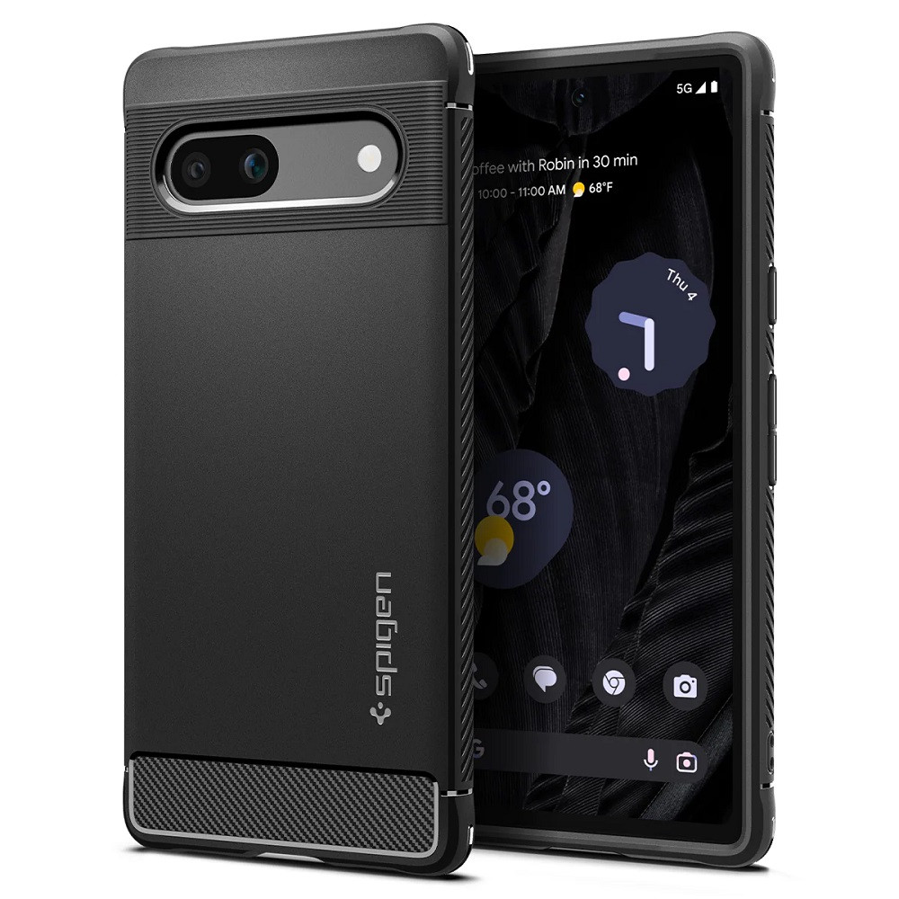 Google Pixel 7a, Szilikon tok, Spigen Rugged Armor, karbon minta, fekete akciós termékkép 1