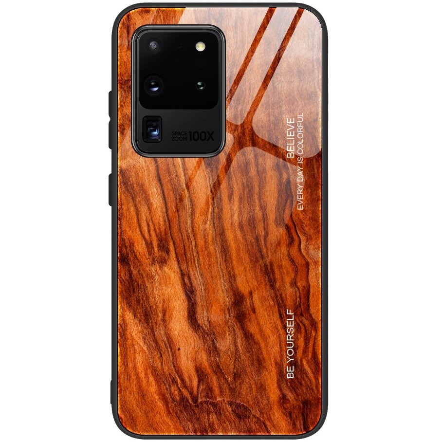 Xiaomi Redmi 8, Szilikon védőkeret, edzett üveg hátlap, fa minta, Wooze Wood, rozsdabarna akciós termékkép 1