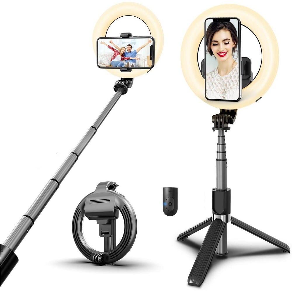 Prémium selfie bot, 19 - 90 cm, 360°-ban forgatható, exponáló gombbal, v4.0, bluetooth-os, tripod állvány funkció, világítással, fekete akciós termékkép 1