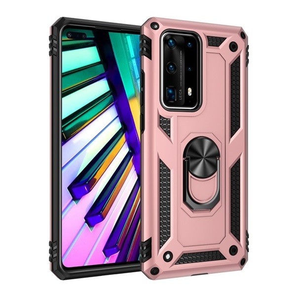 Huawei Honor 9X Pro, Műanyag hátlap védőtok, közepesen ütésálló, szilikon belső, telefontartó gyűrű, Defender, vörösarany akciós termékkép 1