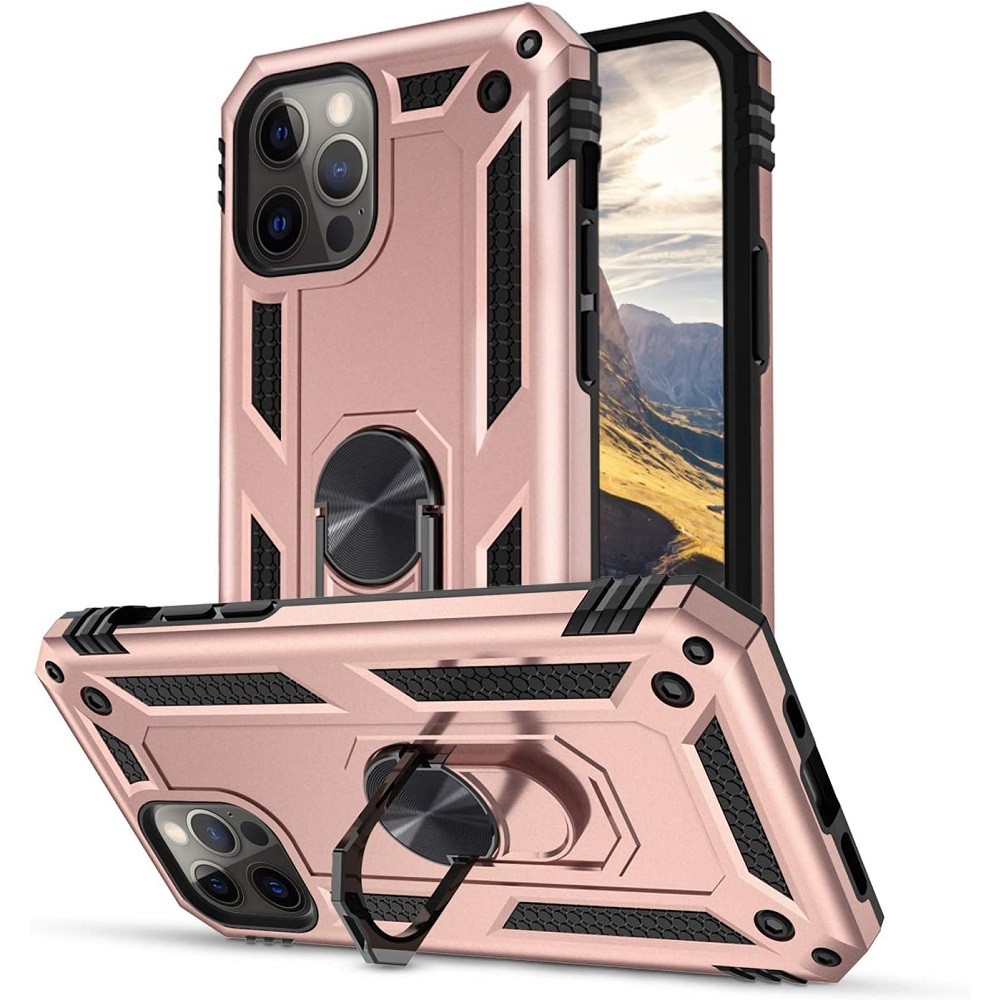 Huawei Y7 Pro (2019), Műanyag hátlap védőtok, közepesen ütésálló, szilikon belső, telefontartó gyűrű, Defender, vörösarany akciós termékkép 1