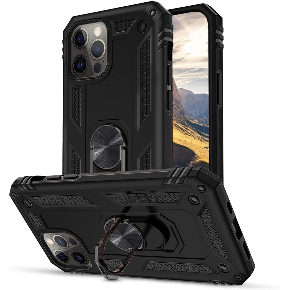 Samsung Galaxy A11 / M11 SM-A115F / M115F, Műanyag hátlap védőtok, közepesen ütésálló, szilikon belső, telefontartó gyűrű, Defender, fekete akciós termékkép 1