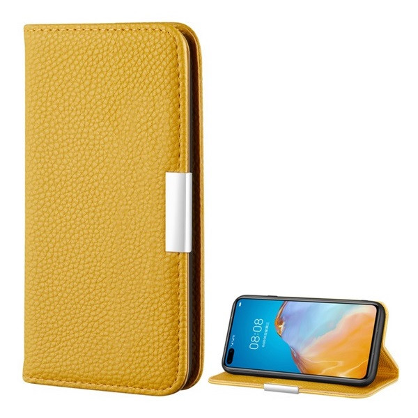 Huawei P40 Pro, Oldalra nyíló tok, bőrhatású, stand, elegáns fémcsat, mágneses, sárga akciós termékkép 1