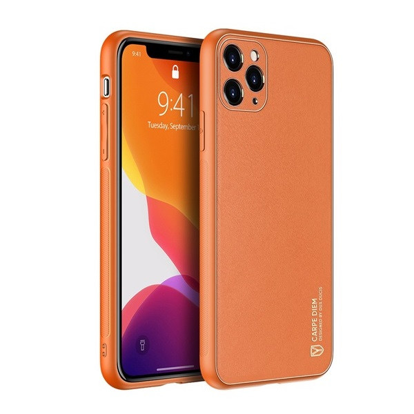 Apple iPhone 11 Pro Max, Műanyag hátlap védőtok + szilikon fémhatású keret, közepesen ütésálló, bőrhatású hátlap, Dux Ducis Yolo, narancssárga akciós termékkép 1