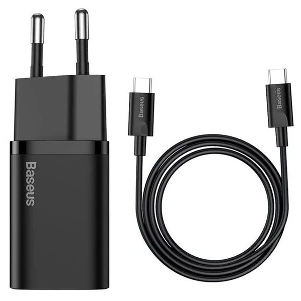 Hálózati töltő adapter, 25W, USB Type-C aljzat, USB Type-C kábellel, gyorstöltés, PD 3.0, QC 3.0, Baseus, fekete akciós termékkép 1