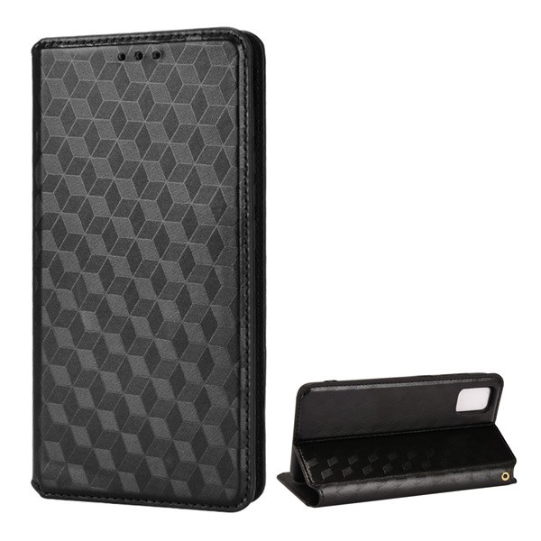 ZTE Blade A31, Oldalra nyíló tok, bőrhatású, stand, Teljes 3D rombusz minta, prémium, fekete akciós termékkép 1