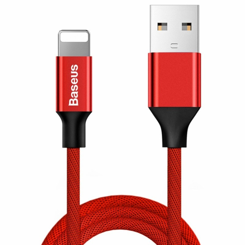 USB töltő- és adatkábel, Lightning, 180 cm, 2000 mA, törésgátlóval, gyorstöltés, cipőfűző minta, Baseus Yiven, CALYW-A09, piros akciós termékkép 1